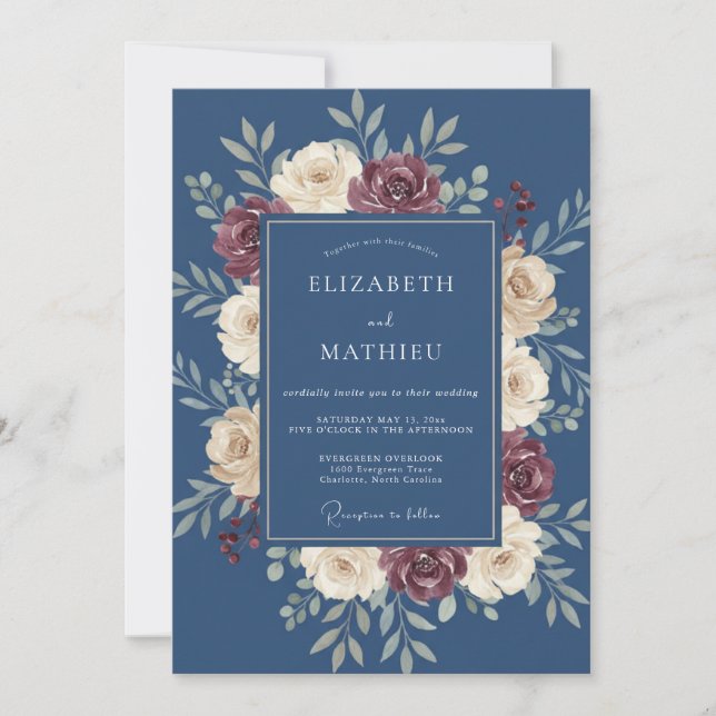 Deep Blue Floral Garland Wedding Invitation (Front)
