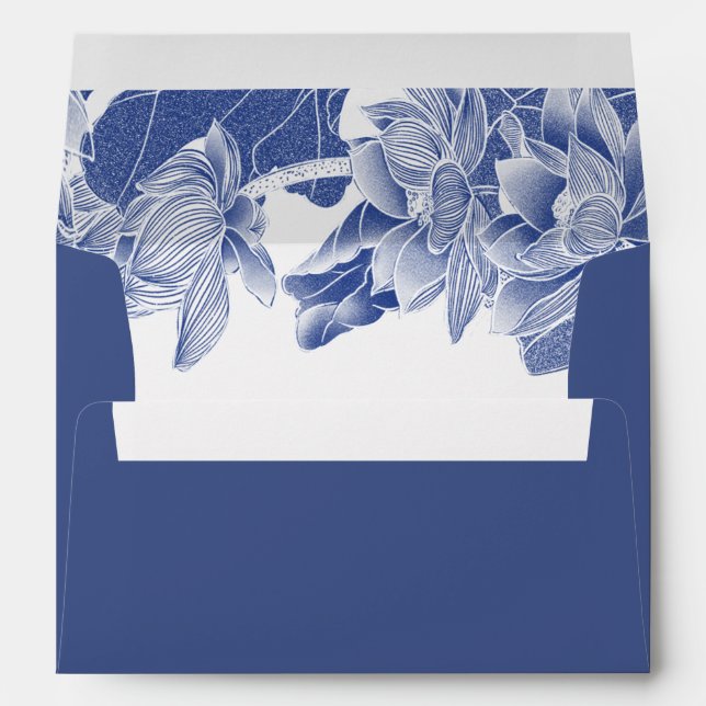 Deep Blue Floral Lotus Chinoiserie Personalised  Envelope (Back (Bottom))