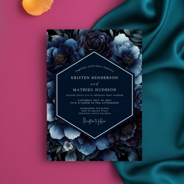Deep Blue Floral Opulent Wedding Invitation (Creator Uploaded)