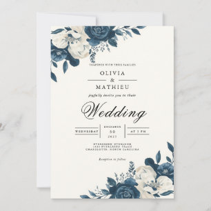 Deep Blue Floral Romance Wedding Invitation