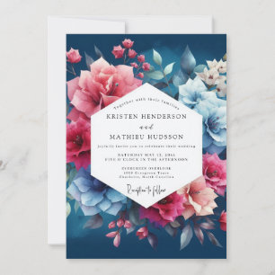 Deep Blue Floral Romance Wedding Invitation
