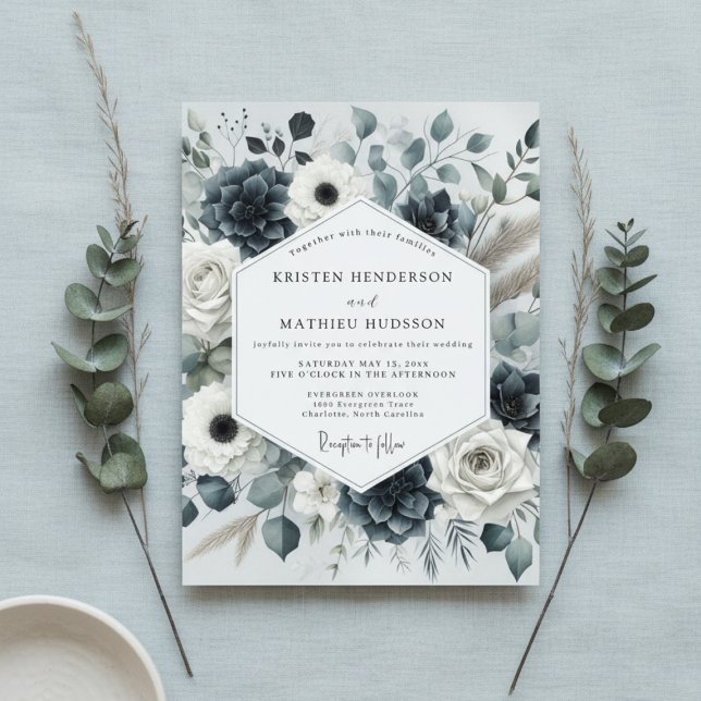 Deep Blue Floral Romance Wedding Invitation (Creator Uploaded)