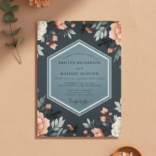 Deep Blue Floral Whimsy Wedding Invitation