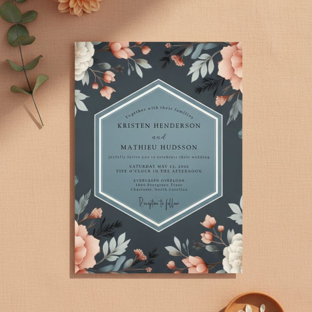 Deep Blue Floral Whimsy Wedding Invitation (Creator Uploaded)