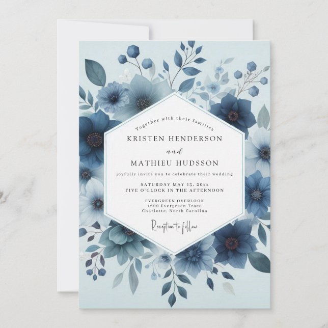 Deep Blue Floral Whimsy Wedding Invitation (Front)