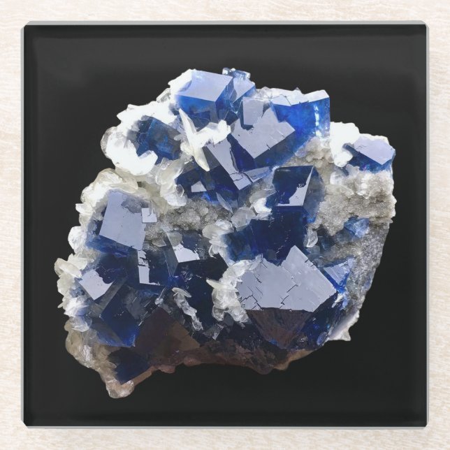 Deep Blue Fluorite Crystal & Flake Calcite  Glass Coaster (Front)