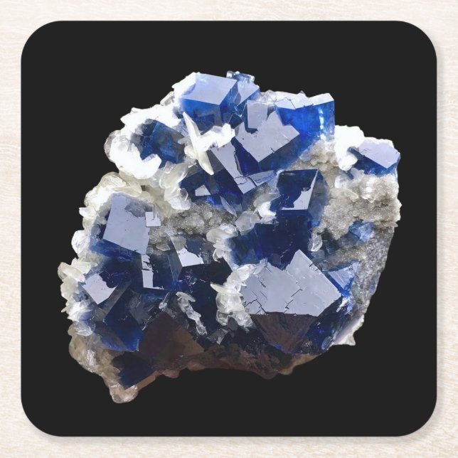 Deep Blue Fluorite Crystal & Flake Calcite  Square Paper Coaster (Front)