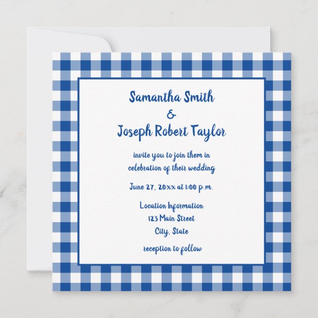 Deep Blue Gingham Country Wedding Invitation (Front)