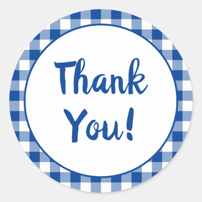 Deep Blue Gingham Thank You Classic Round Sticker (Front)