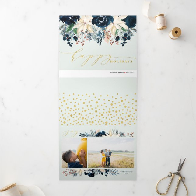 Deep Blue & Gold Joy Christmas Photo Holiday Card (Outside)