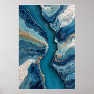 Deep Blue Gold Vein Ocean Abstract Poster