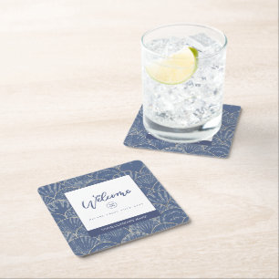 Deep Blue & Gold Watercolor Seashell Square Paper Coaster