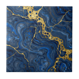 Deep Blue Golden Veins Abstract Ceramic Tile