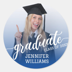 Deep Blue Graduation Photo Grad Graduate Party Classic Round Sticker