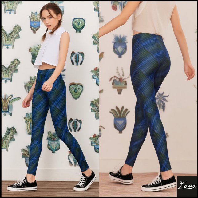 Deep Blue Green Diagonal Textured Plaid Leggings (Creator Uploaded)