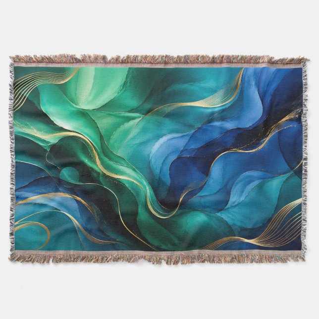 Deep Blue Green Fluid Lines Throw Blanket (Front)