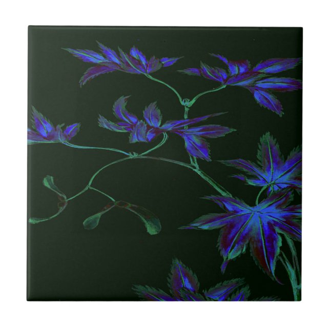 Deep Blue & Green Japanese Floral Ceramic Tile (Front)