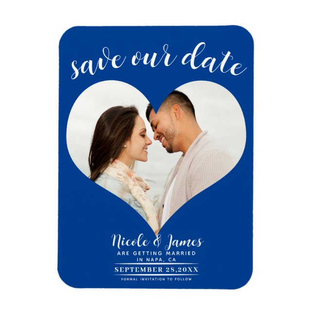 Deep Blue Heart Photo Wedding Save the Date Magnet (Vertical)