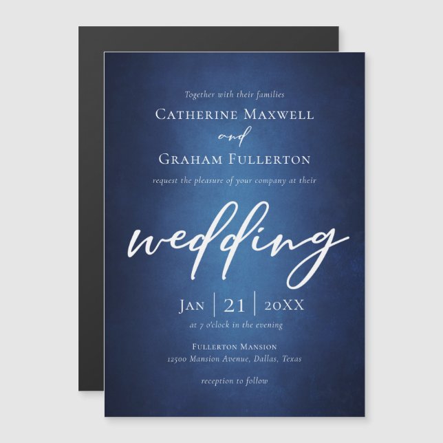 Deep Blue Minimalist Typography Lakeside Wedding Magnetic Invitation (Front/Back)