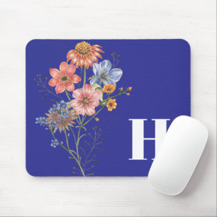Deep Blue Monogram Simple Floral Mouse Pad