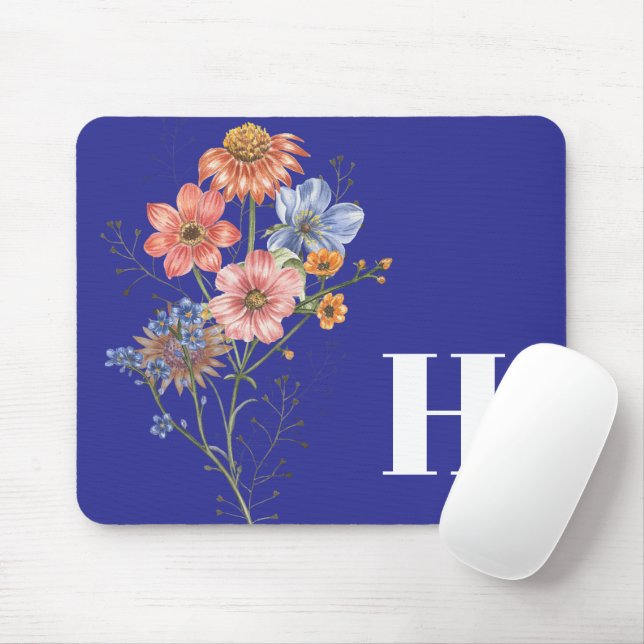 Deep Blue Monogram Simple Floral Mouse Pad (With Mouse)