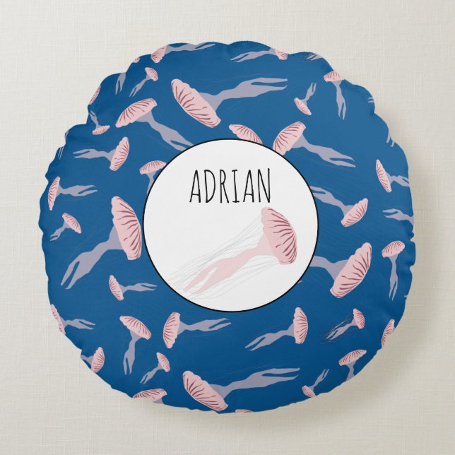 Deep Blue Ocean Jellyfish Pattern Custom Name Round Cushion (Front)