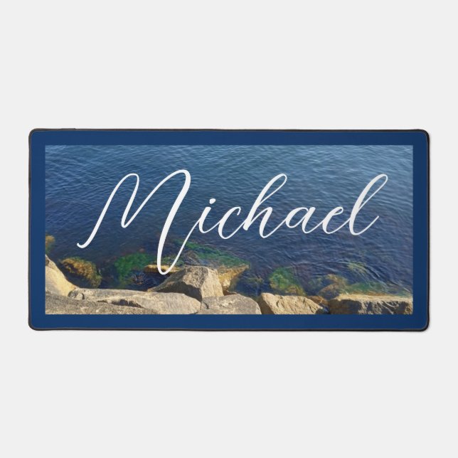 Deep Blue Ocean Photo Custom Name Desk Mat (Front)