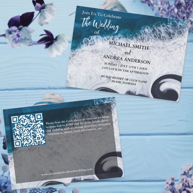 Deep Blue Ocean Waves Modern Beach Wedding QR Code (Creator Uploaded)