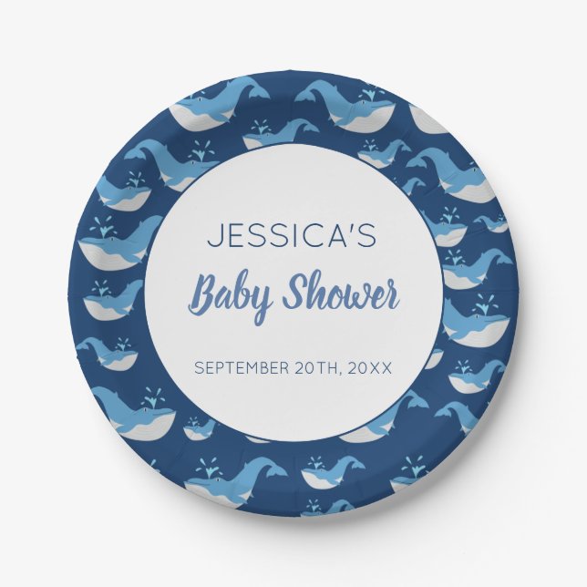 Deep Blue Ocean Whale Baby Boy Baby Shower Paper Plate (Front)