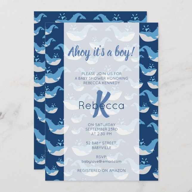 Deep Blue Ocean Whale Pattern Ahoy Boy Baby Shower Invitation (Front/Back)