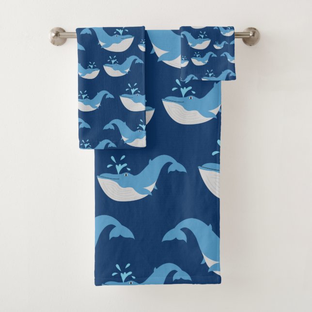 Deep Blue Ocean Whale Pattern Bath Towel Set (Insitu)