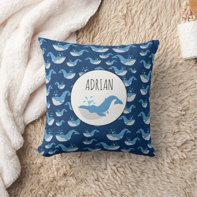 Deep Blue Ocean Whale Pattern Custom Name Cushion (Blanket)