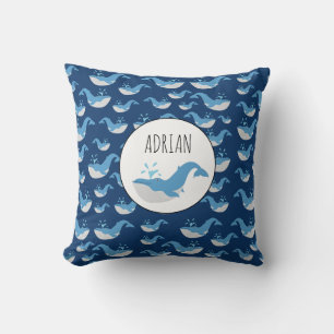 Deep Blue Ocean Whale Pattern Custom Name Cushion