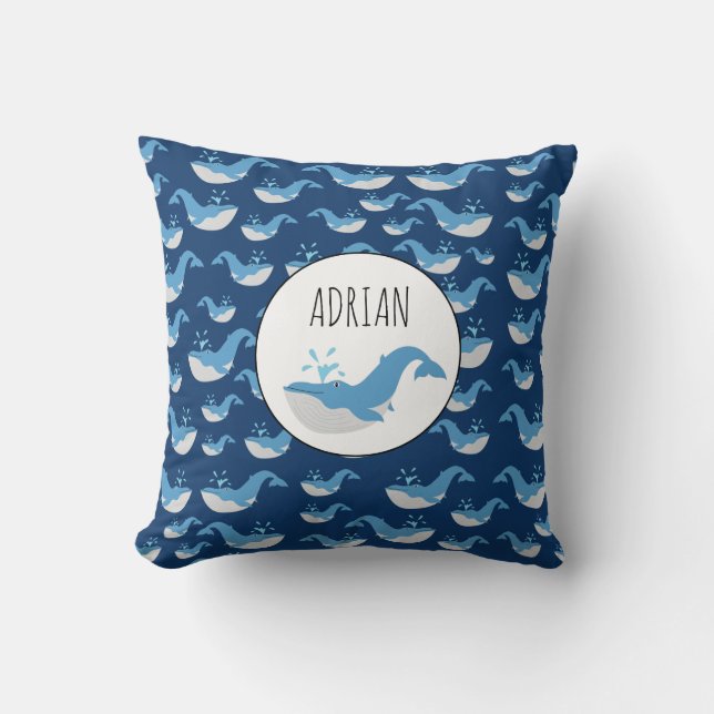 Deep Blue Ocean Whale Pattern Custom Name Cushion (Front)