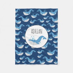 Deep Blue Ocean Whale Pattern Custom Name Fleece Blanket