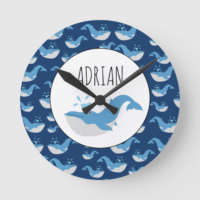 Deep Blue Ocean Whale Pattern Custom Name Nursery Round Clock (Front)