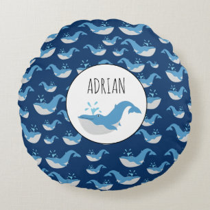 Deep Blue Ocean Whale Pattern Custom Name Round Cushion