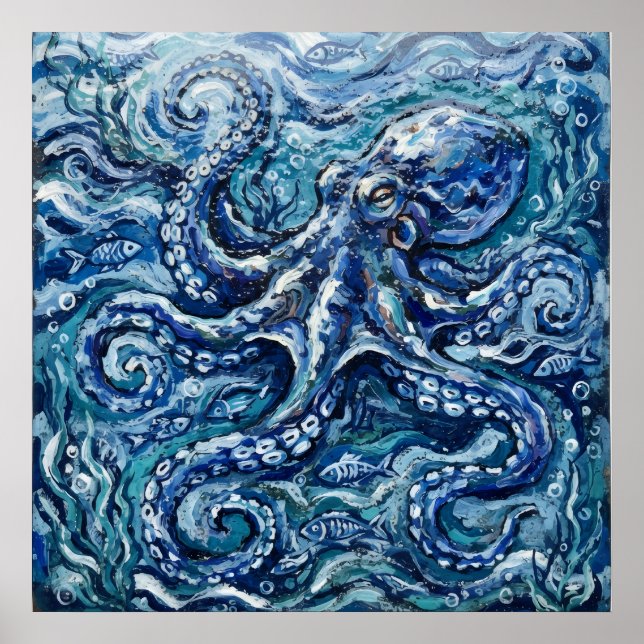 Deep Blue Octopus Fish Wave Art Poster (Front)
