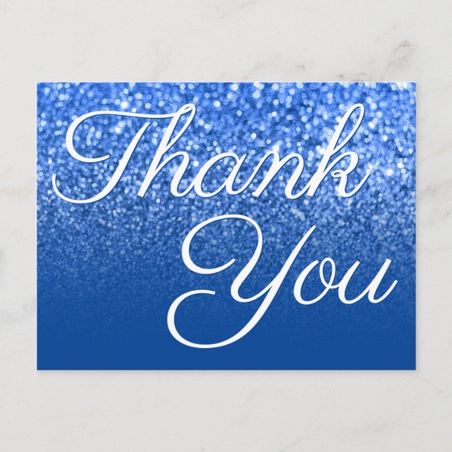 Deep Blue Ombre Bokeh Glitter Thank You Postcard (Front)