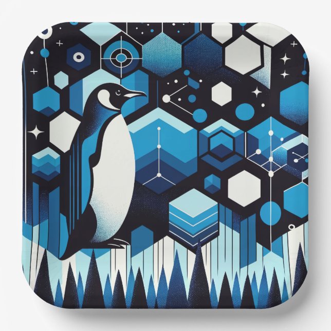 Deep Blue Penguin In Winter Antarctic Sky Pattern  Paper Plate (Front)