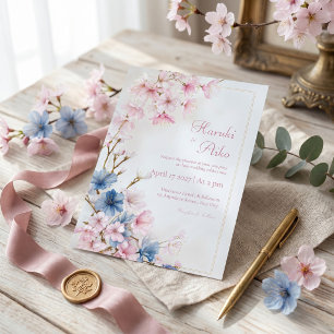 Deep Blue Pink Romantic Sakura Gold Frame Wedding Invitation