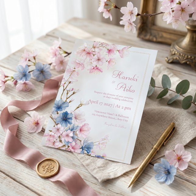Deep Blue Pink Romantic Sakura Gold Frame Wedding Invitation (Creator Uploaded)