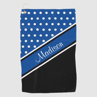 Deep Blue Polka Dot Black Diagonal Script Name Golf Towel