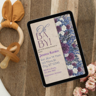 Deep Blue & Purple Floral Baby Shower Invitation