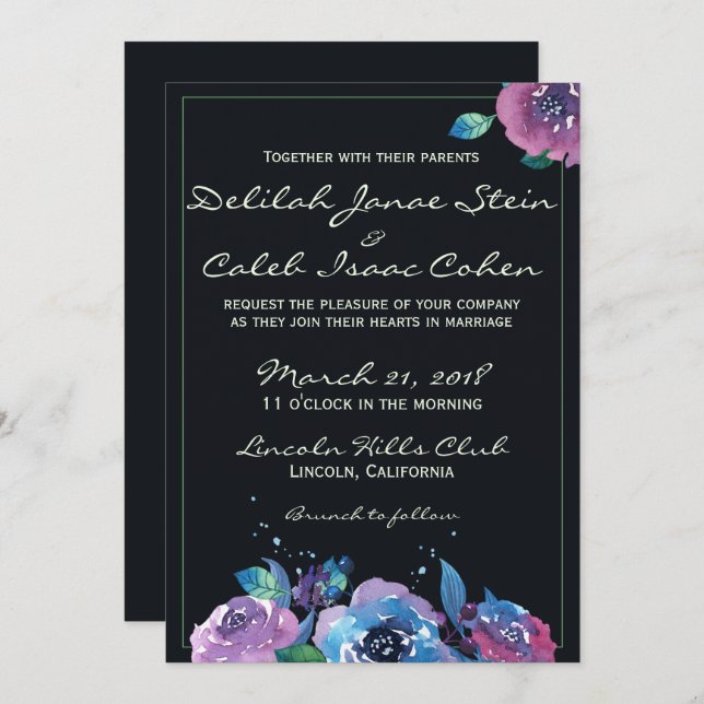 Deep Blue Purple Moody Twilight Floral Wedding Invitation (Front/Back)