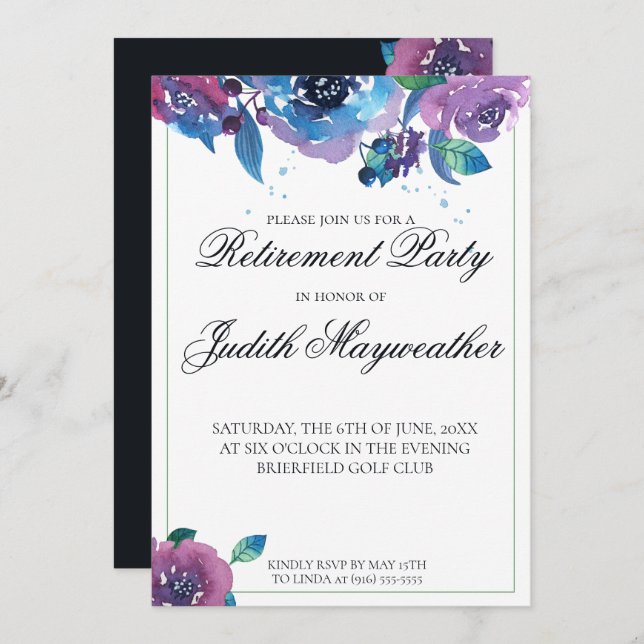 Deep Blue Purple Twilight Floral Retirement Invitation (Front/Back)