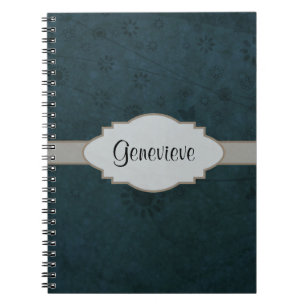 Deep Blue Retro Floral Abstract Nameplate Notebook