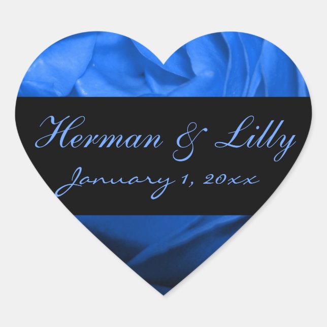 Deep Blue Rose Personalised Wedding Heart Sticker (Front)
