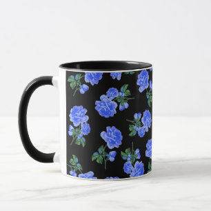 Deep Blue Roses flower pattern on black Mug