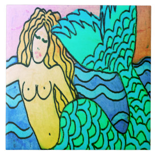 Deep Blue Sea Abstract Mermaid Painting Ceramic Tile